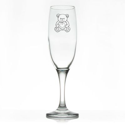 Custom Personalized Champagne Flutes - Teddy Bear Holding Heart - Promotional Champagne Flutes In Bulk