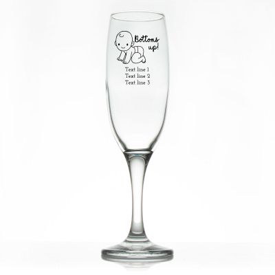 Custom Personalized Champagne Flutes - Baby Bottoms Up Script - Promotional Champagne Flutes In Bulk