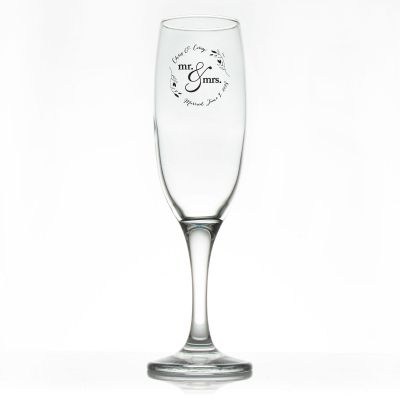 Custom Personalized Champagne Flutes - Mr. & Mrs. Circle Stamp with Leaves - Promotional Champagne Flutes In Bulk