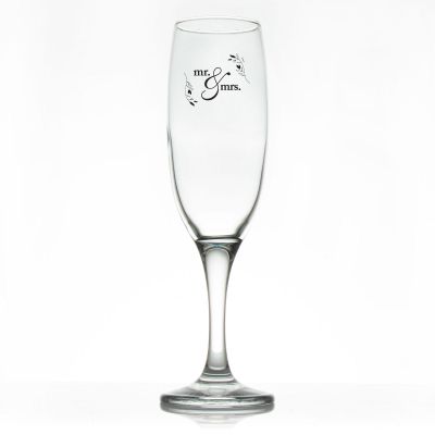 Custom Personalized Champagne Flutes - Mr. & Mrs. Circle Stamp with Leaves - Promotional Champagne Flutes In Bulk