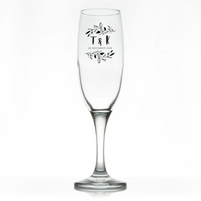 Custom Personalized Champagne Flutes - Initials with Leaves - Promotional Champagne Flutes In Bulk