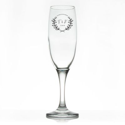 Custom Personalized Champagne Flutes - Laurel Leaf Signature Initial - Promotional Champagne Flutes In Bulk