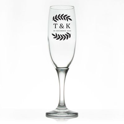 Custom Personalized Champagne Flutes - Laurel Leaf Large Type Initials - Promotional Champagne Flutes In Bulk