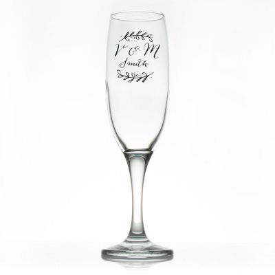 Custom Personalized Champagne Flutes - Laurel Leaf Drawing Initials - Promotional Champagne Flutes In Bulk