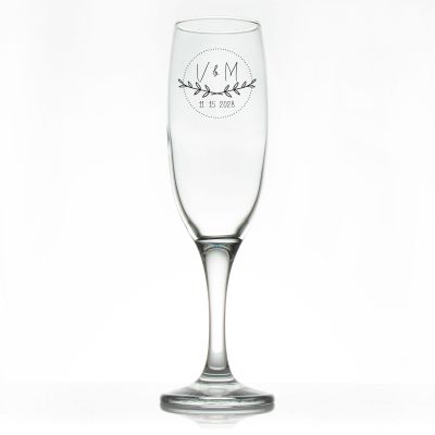 Custom Personalized Champagne Flutes - Handwritten Initials Laurel Leaf Drawing - Promotional Champagne Flutes In Bulk