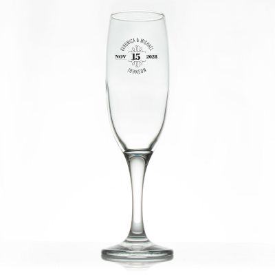 Custom Personalized Champagne Flutes - Deco Names and Date Circle Stamp - Promotional Champagne Flutes In Bulk