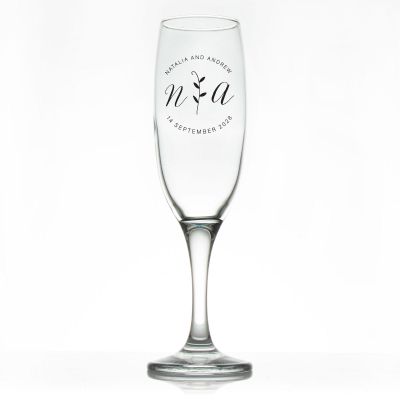 Custom Personalized Champagne Flutes - Leaves Initials Stamp - Promotional Champagne Flutes In Bulk