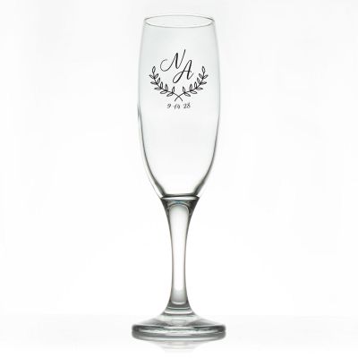 Custom Personalized Champagne Flutes - Laurel Monogram - Promotional Champagne Flutes In Bulk