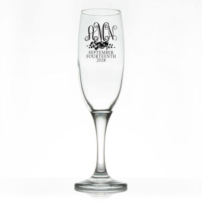 Custom Personalized Champagne Flutes - Three Letter Monogram with Rose - Promotional Champagne Flutes In Bulk