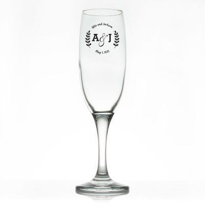 Custom Personalized Champagne Flutes - Leaves Initials - Promotional Champagne Flutes In Bulk