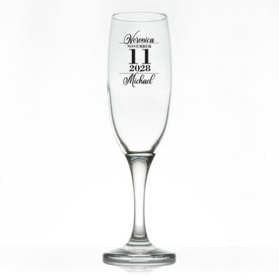 Custom Personalized Champagne Flutes - Stacked Date Written Names - Promotional Champagne Flutes In Bulk