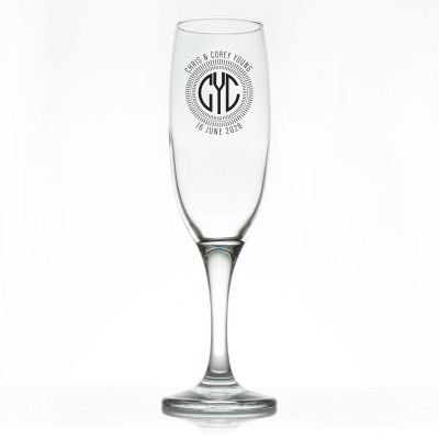 Custom Personalized Champagne Flutes - Lined Monogram Initials Circle Stamp - Promotional Champagne Flutes In Bulk