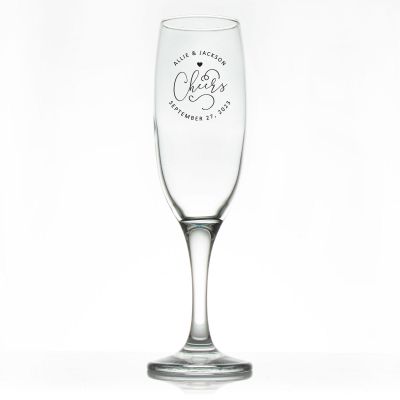 Custom Personalized Champagne Flutes - Cheers with Heart Circle Stamp - Promotional Champagne Flutes In Bulk