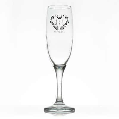 Custom Personalized Champagne Flutes - Heart Flower Wreath with Initials - Promotional Champagne Flutes In Bulk