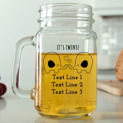 Mason Mug - It's Twins Print  Elephants - Personalized Mason Jar 16oz