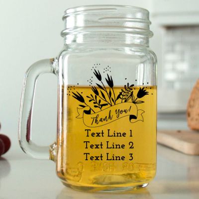Mason Mug - Thank You Banner with Flowers - Personalized Mason Jar 16oz