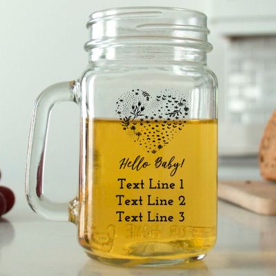 Mason Mug - Hello Baby Heart with Stars and Flowers - Personalized Mason Jar 16oz
