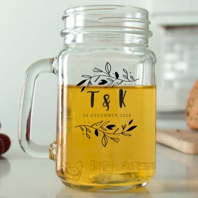 Mason Mug - Initials with Leaves - Personalized Mason Jar 16oz