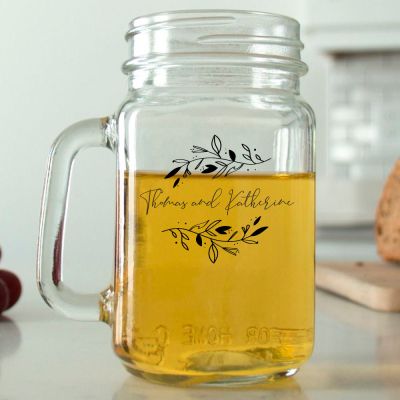 Mason Mug - Signature with Leaves - Personalized Mason Jar 16oz