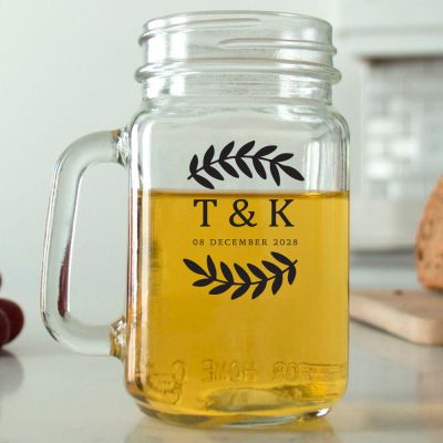 Mason Mug - Laurel Leaf Large Type Initials - Personalized Mason Jar 16oz