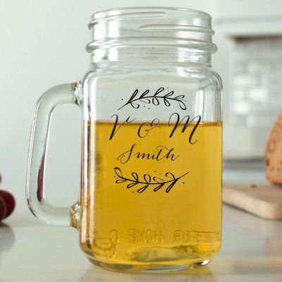 Mason Mug - Laurel Leaf Drawing Initials - Personalized Mason Jar 16oz