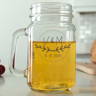 Mason Mug - Handwritten Initials Laurel Leaf Drawing - Personalized Mason Jar 16oz