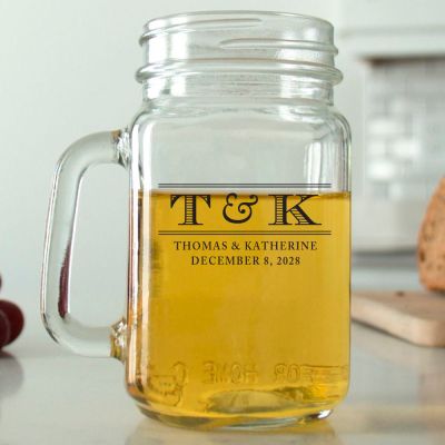 Mason Mug - Striped Monogram Name and Date - Personalized Mason Jar 16oz