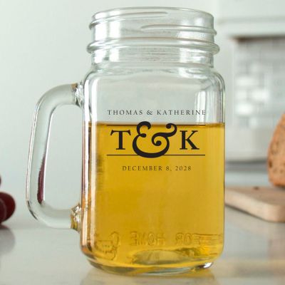 Mason Mug - Initials Monogram Name and Date - Personalized Mason Jar 16oz