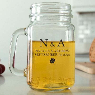Mason Mug - Flower Initials Name and Date - Personalized Mason Jar 16oz