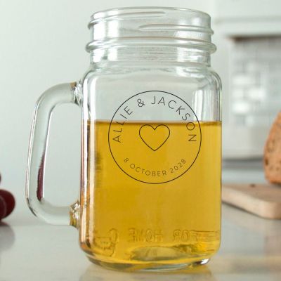 Mason Mug - Heart Names and Date Stamp - Personalized Mason Jar 16oz