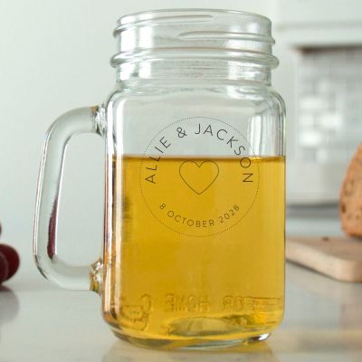 Mason Mug - Heart Names and Date Dotted Stamp - Personalized Mason Jar 16oz