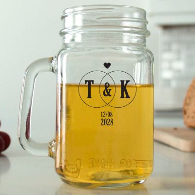 Mason Mug - Initials Linked Rings with Heart - Personalized Mason Jar 16oz