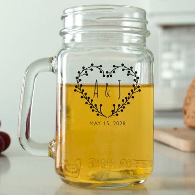 Mason Mug - Heart Flower Wreath with Initials - Personalized Mason Jar 16oz