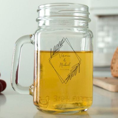 Mason Mug - Diamond with Leaves - Personalized Mason Jar 16oz