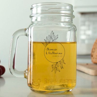 Mason Mug - Circle with Leaves - Personalized Mason Jar 16oz