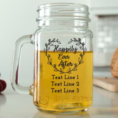 Mason Mug - Happily Ever After Floral Heart Wreath - Personalized Mason Jar 16oz