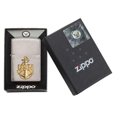 Navy Classic Brass Anchor - Brushed Chrome Finish - Zippo Lighter