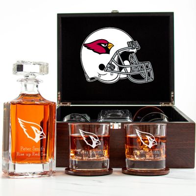 Customized Engraved Dark Brown Wood Box Decanter Set With Rocks Glasses - NFL Arizona Cardinals