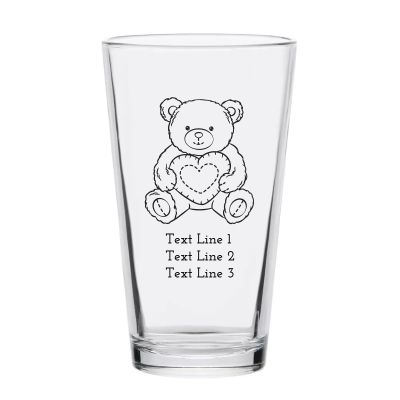 Personalized 16 oz Custom Pint Glasses - Teddy Bear Holding Heart - Customized Pint Glasses