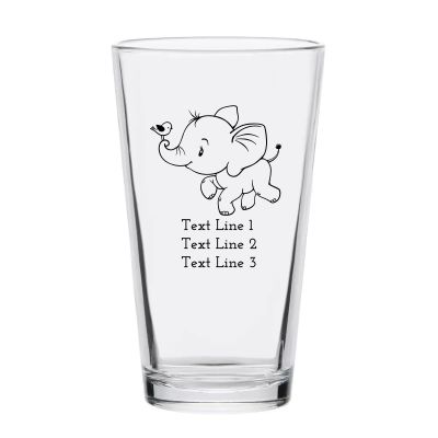 Personalized 16 oz Custom Pint Glasses - Cute Elephant with Bird - Customized Pint Glasses