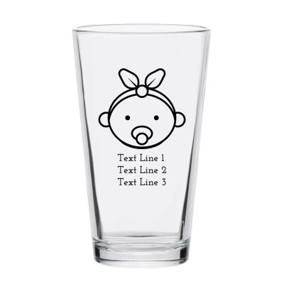 Personalized 16 oz Custom Pint Glasses - Baby Girl with Pacifier - Customized Pint Glasses