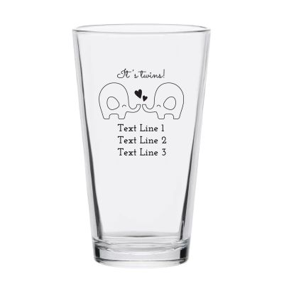 Personalized 16 oz Custom Pint Glasses - It's Twins Cursive Elephants - Customized Pint Glasses