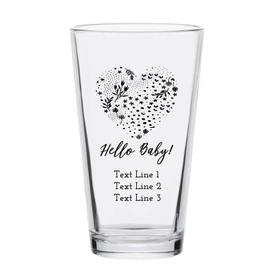 Personalized 16 oz Custom Pint Glasses - Hello Baby Heart with Stars and Flowers - Customized Pint Glasses