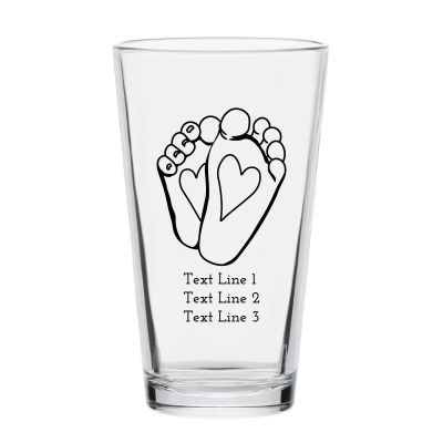 Personalized 16 oz Custom Pint Glasses - Baby Feet with Heart - Customized Pint Glasses