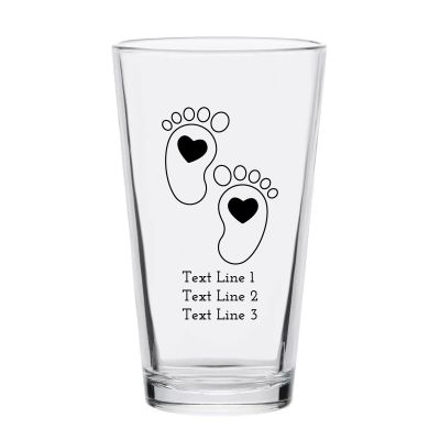 Personalized 16 oz Custom Pint Glasses - Cartoon Baby Feet with Heart - Customized Pint Glasses