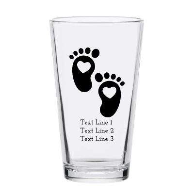 Personalized 16 oz Custom Pint Glasses - Silhouette Cartoon Baby Feet with Heart - Customized Pint Glasses