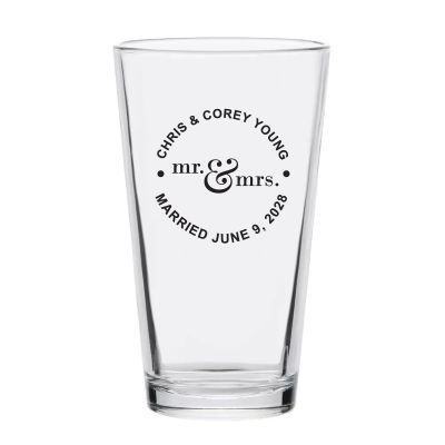 Personalized 16 oz Custom Pint Glasses - Mr. & Mrs. Circle Stamp - Customized Pint Glasses