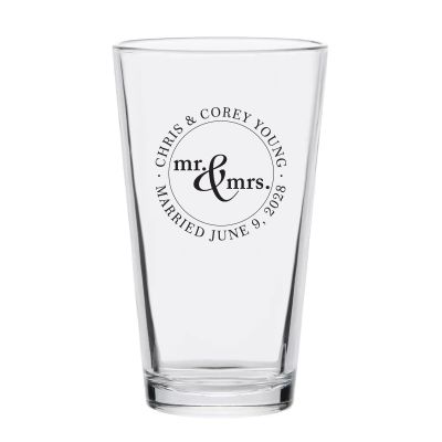 Personalized 16 oz Custom Pint Glasses - Mr. & Mrs. Circle Stamp No.2 - Customized Pint Glasses