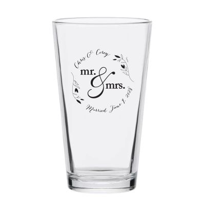Personalized 16 oz Custom Pint Glasses - Mr. & Mrs. Circle Stamp with Leaves- Customized Pint Glasses