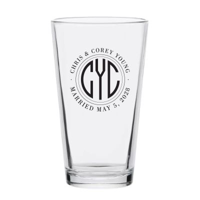 Personalized 16 oz Custom Pint Glasses - Monogram Initials Circle Stamp - Customized Pint Glasses